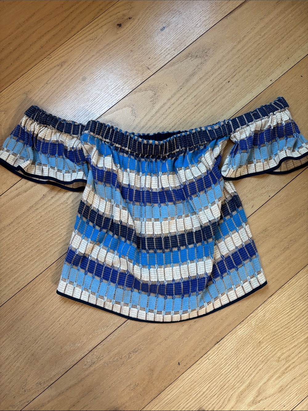 Milly Off Shoulder Knit Cotton Silk Top M Blue Cream Made US